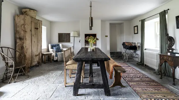 Dining room with a long wooden table